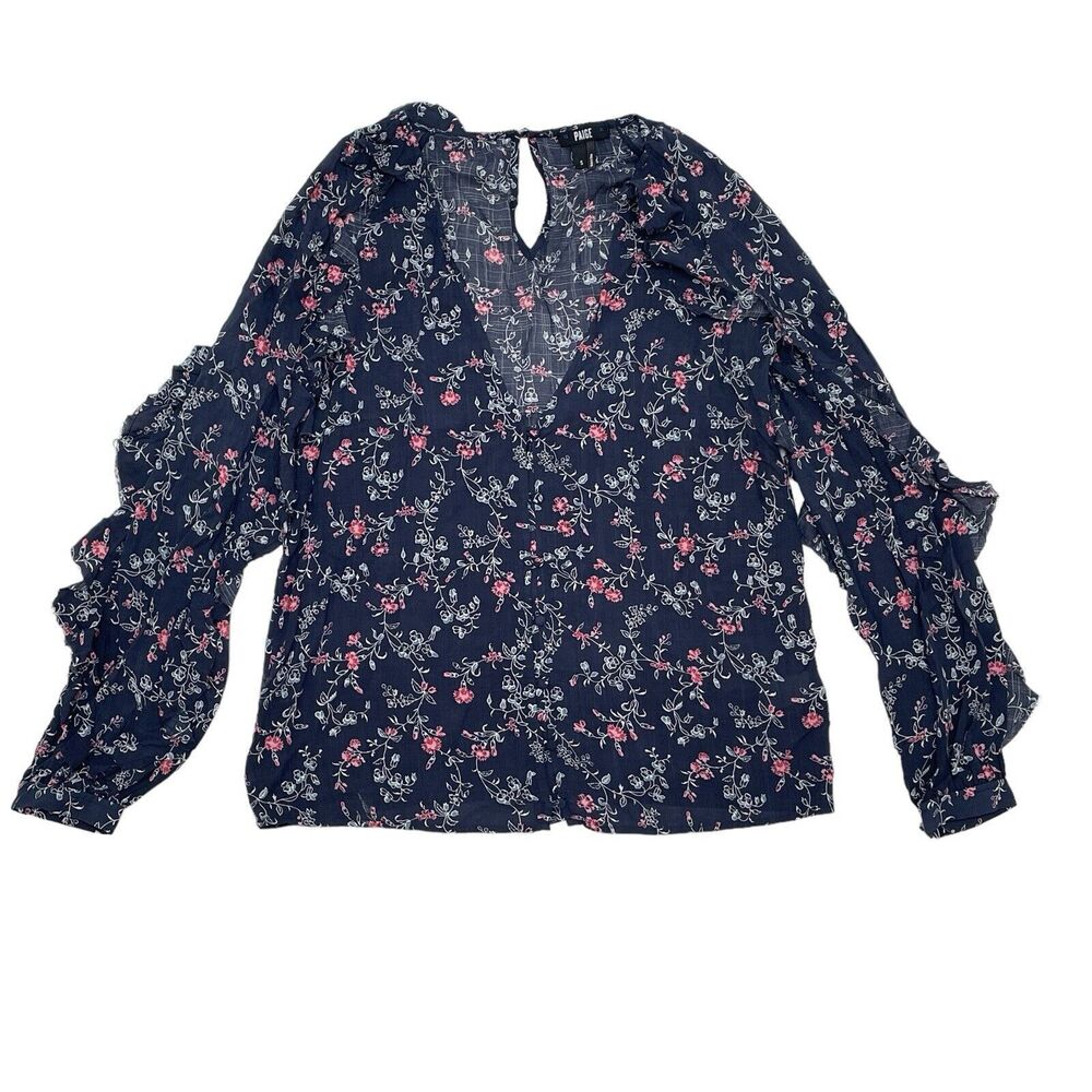 Paige Top Size Small Blue Pink Floral Button Front V Neck Ruffle Sleeve‎ Rayon